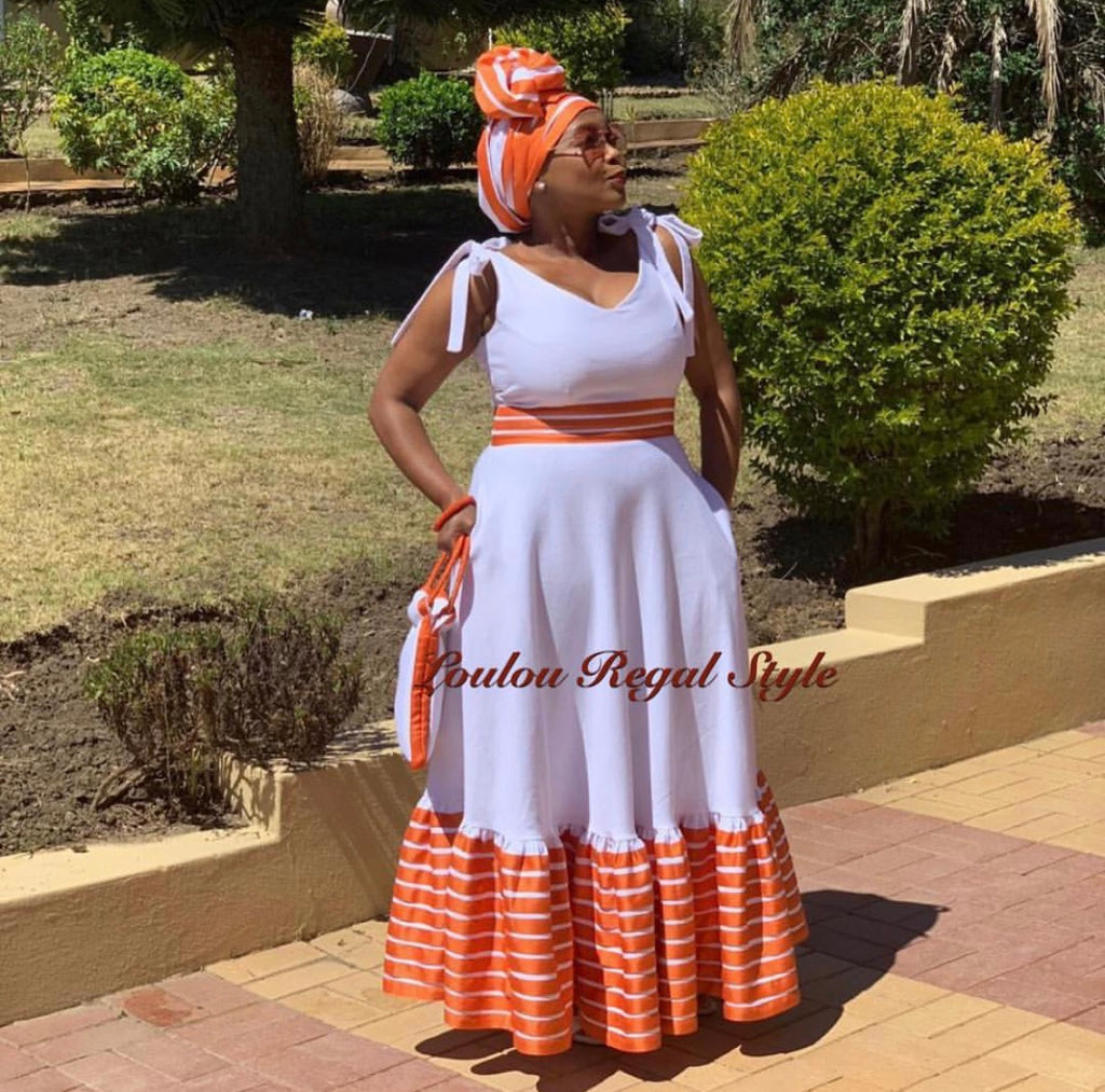 White & Orange Full length dress & Small Headwrap