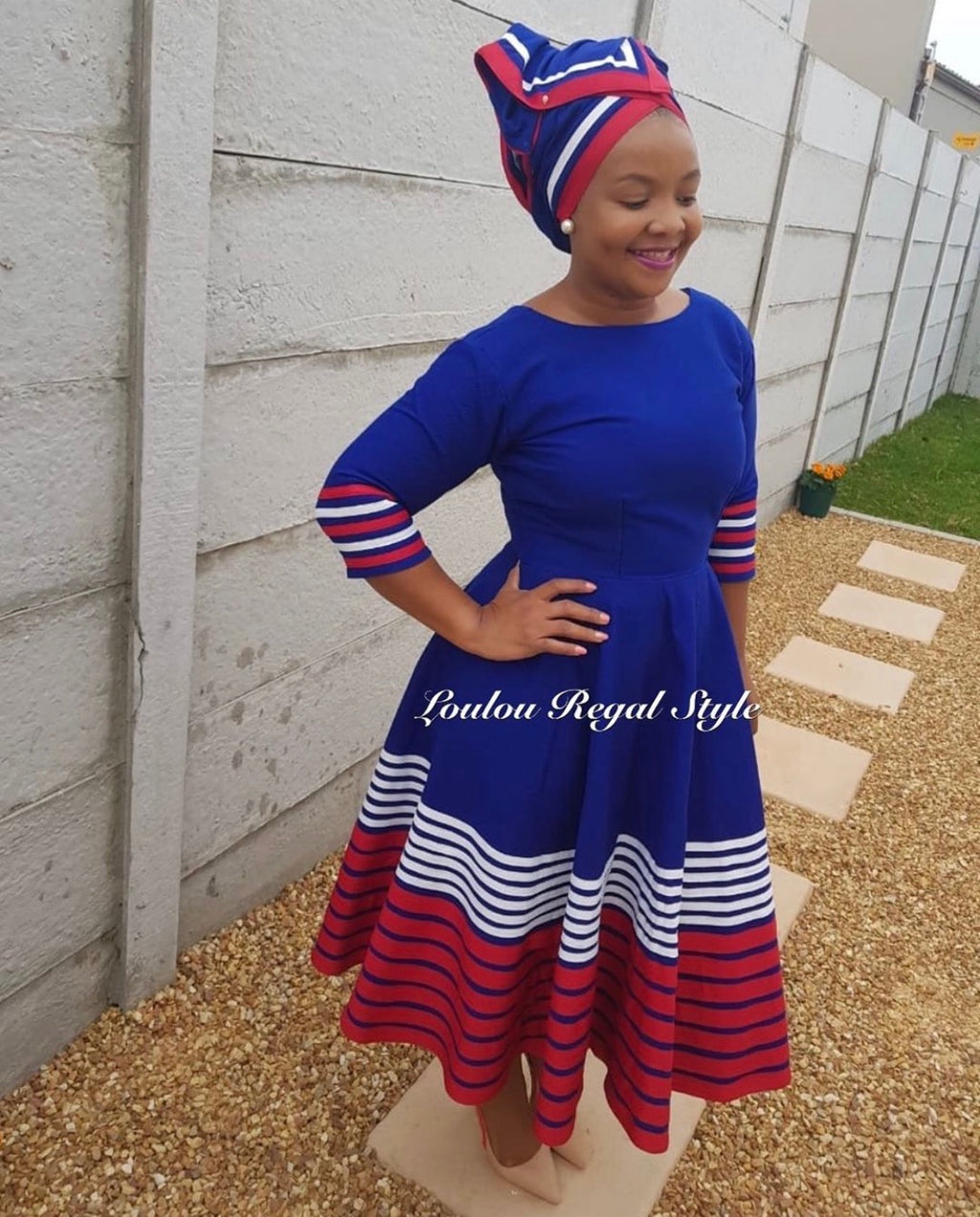 Royal blue Red White Dress & Small Headwrap