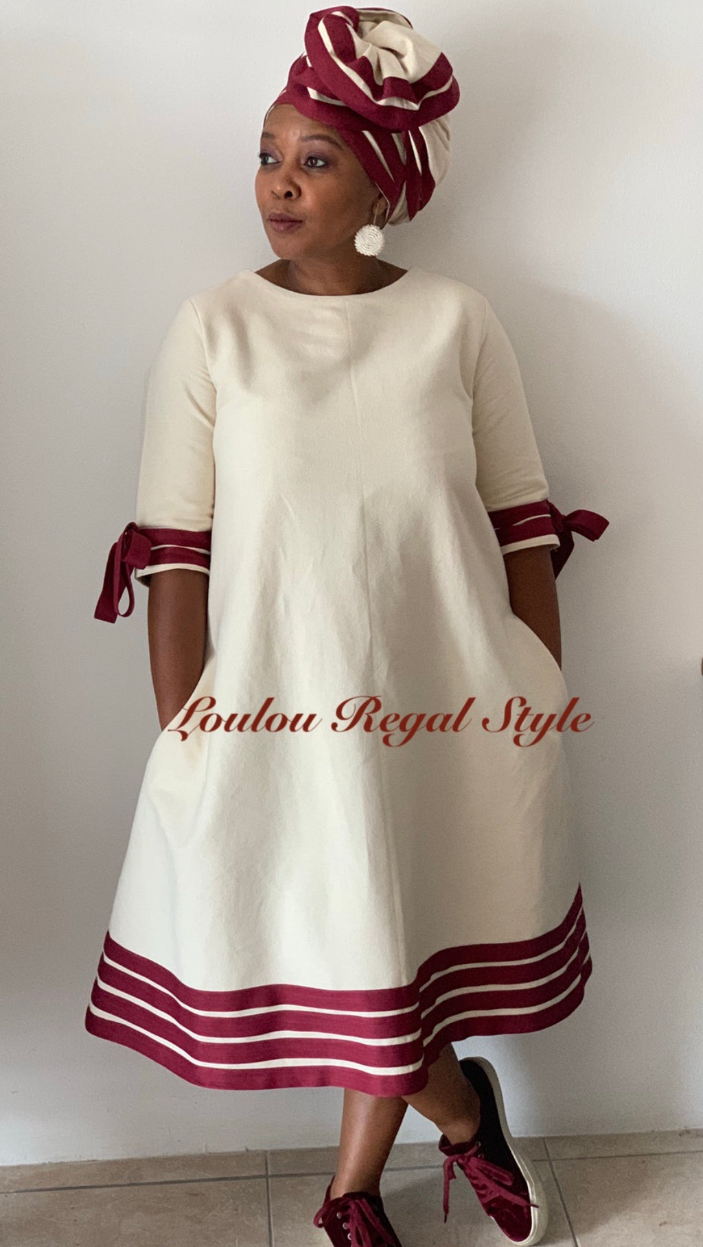 Cream & Maroon Dress with Small Headwrap